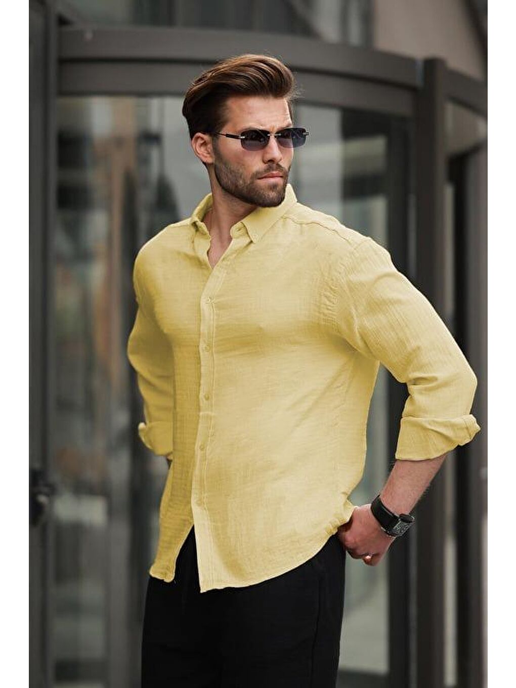 Sarı Basic %100 Pamuklu Uzun Kollu Erkek Gömlek E6761-4