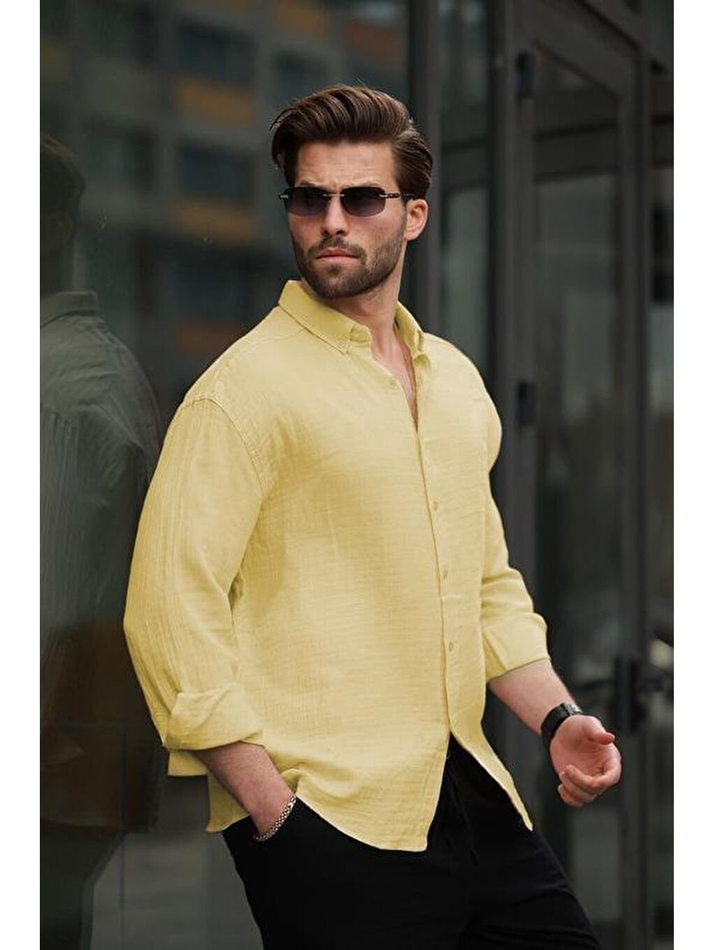 Sarı Basic %100 Pamuklu Uzun Kollu Erkek Gömlek E6761-5