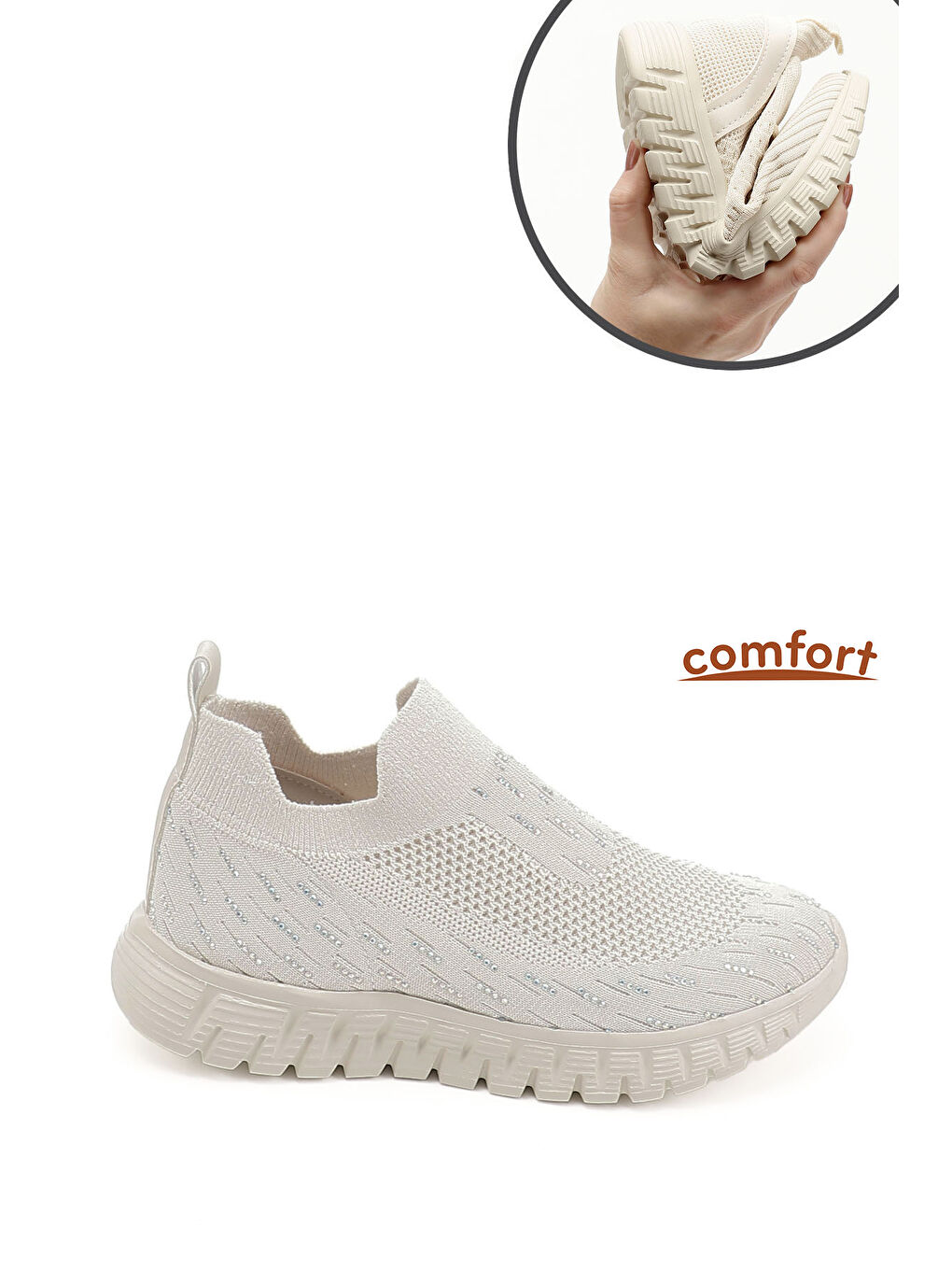 Bej Kadın AÇIK NUDE Triko Taşlı Memory Foam Tabanlıklı Comfort Sneaker-2