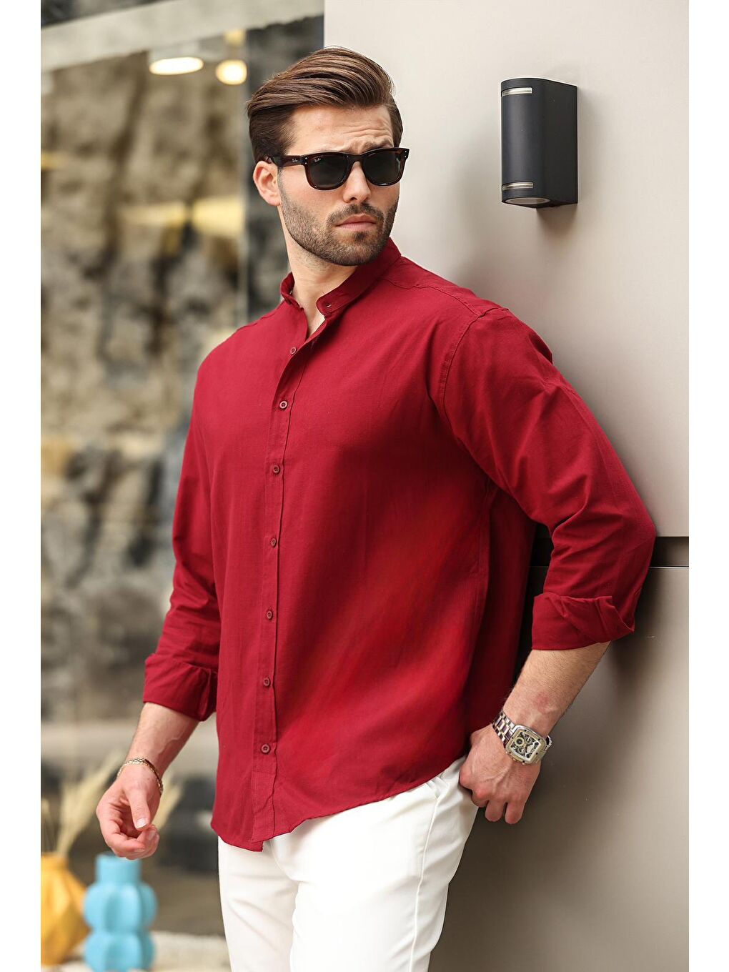 Bordo Hakim Yaka Keten Görünümlü Pamuklu Uzun Kollu Erkek %100 Pamuk Gömlek 6745-1