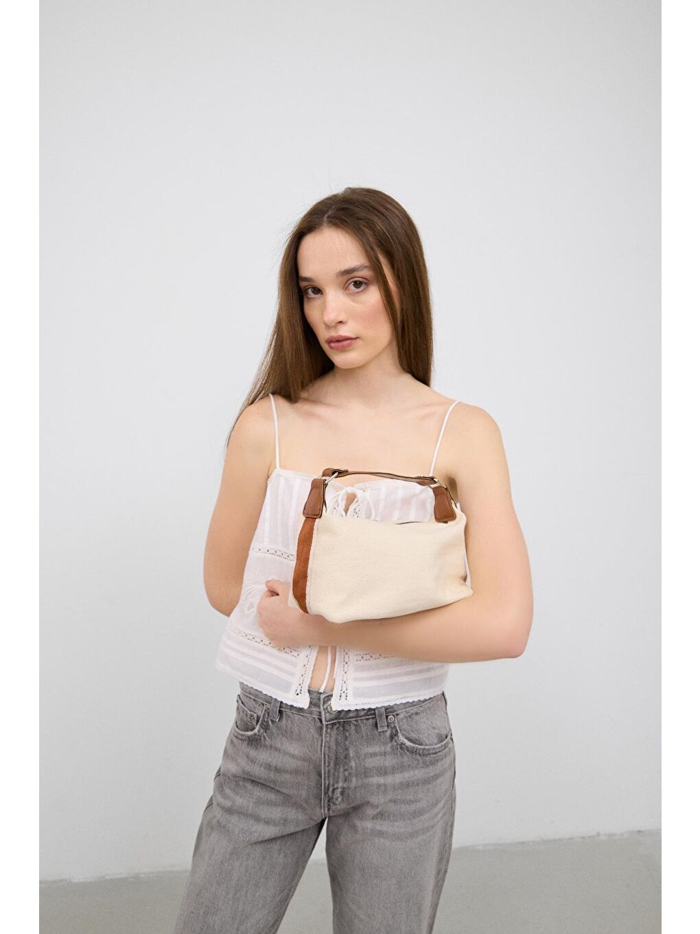 Kahverengi Elu Kanvas El Ve Çapraz Çanta Taba-1