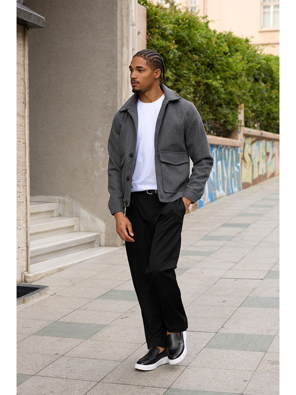 Erkek Gömlek Yaka Düğmeli Kaşe Mont Ceket Gri-1