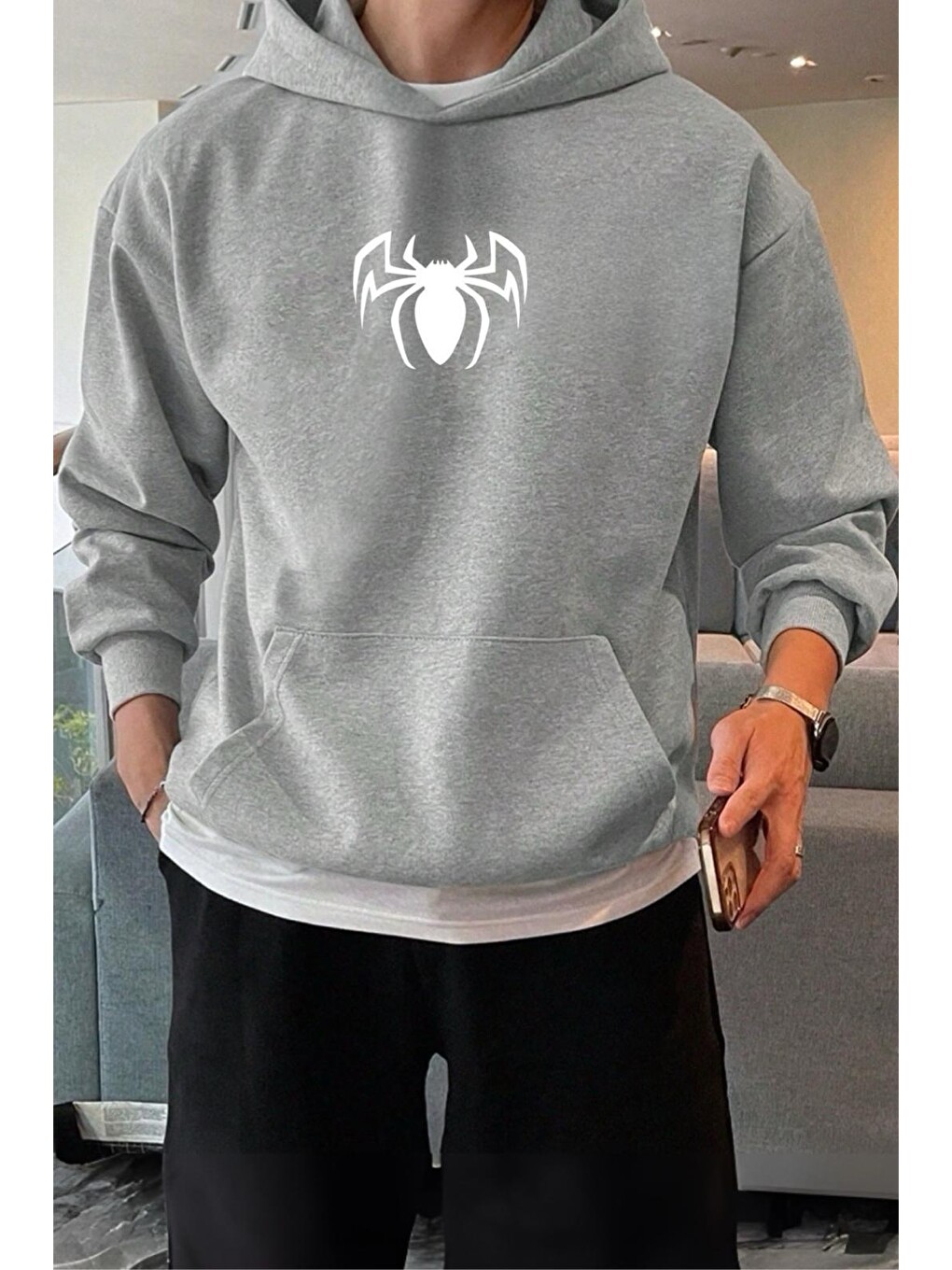 Gri Örümcek Ön Baskılı Pamuklu Erkek Sweatshirt