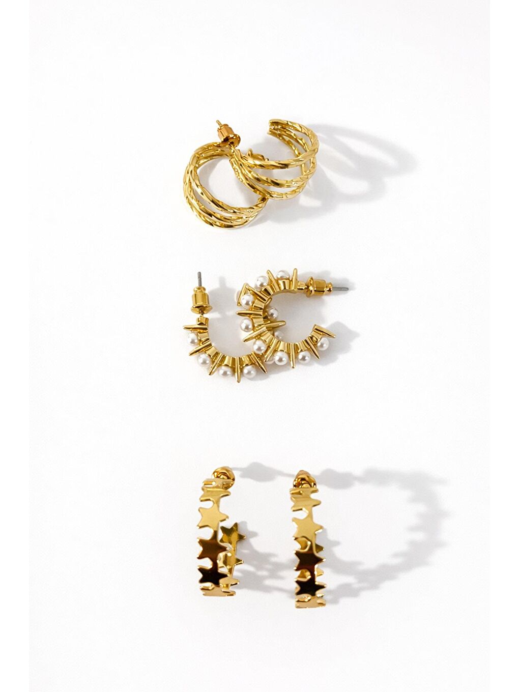 Sarı Gold 6'lı İnci ve Yıldız Detaylı Halka Küpe Seti-1