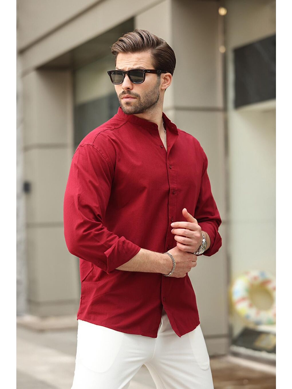 Bordo Hakim Yaka Keten Görünümlü Pamuklu Uzun Kollu Erkek %100 Pamuk Gömlek 6745-2