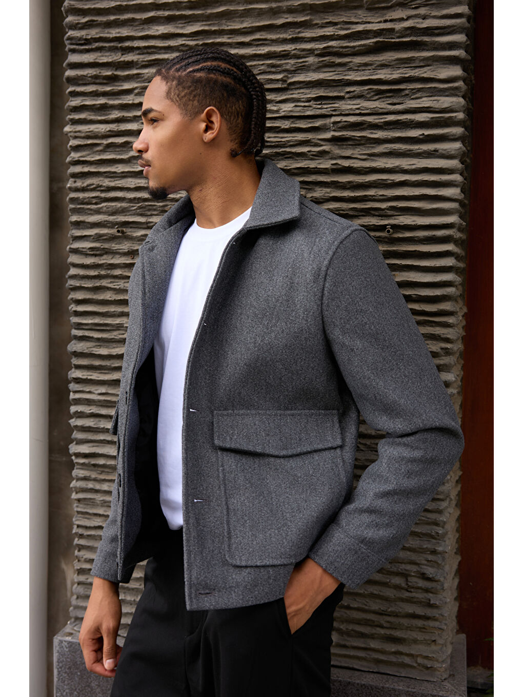 Erkek Gömlek Yaka Düğmeli Kaşe Mont Ceket Gri-2