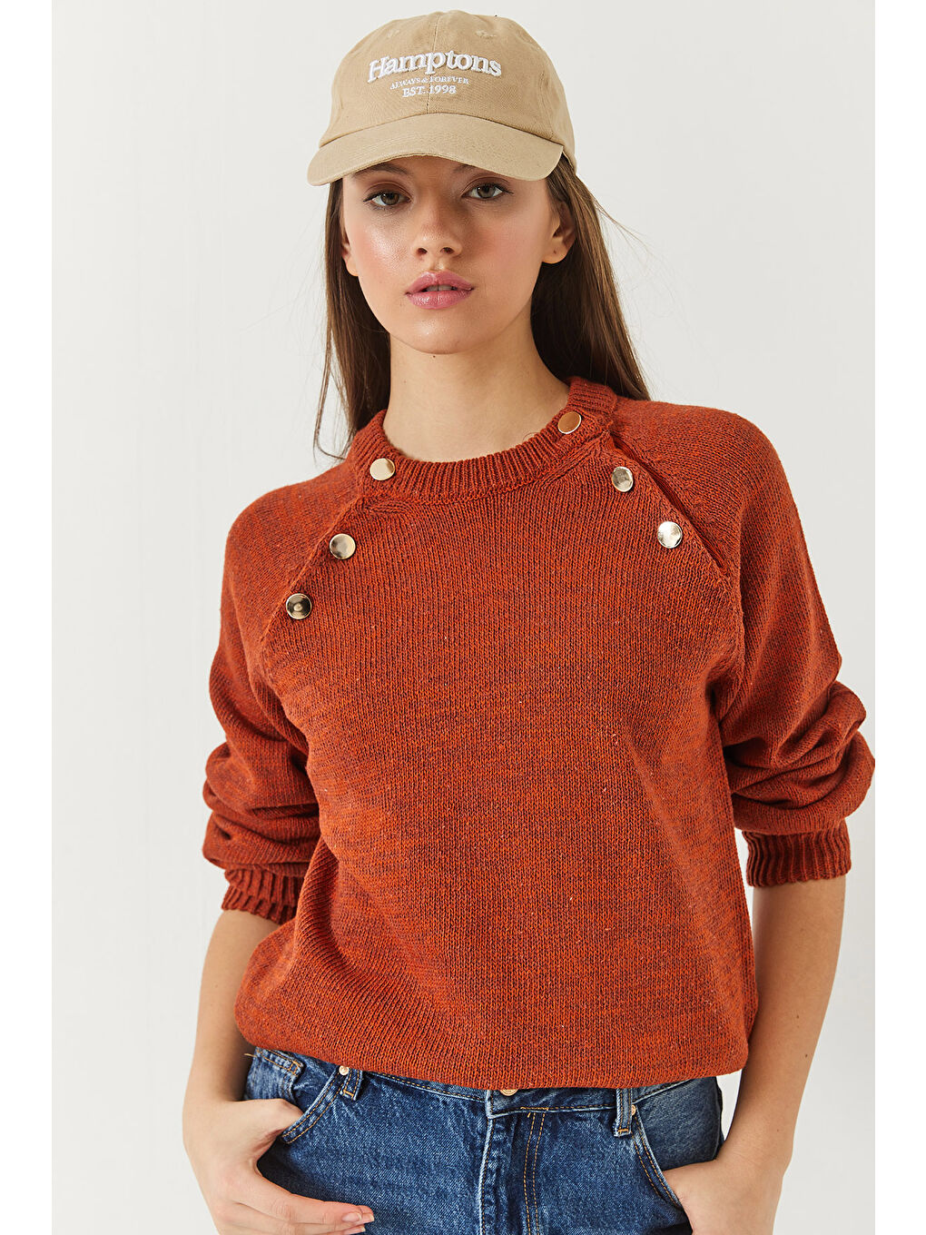 Kahverengi Kadın Patlı Reglanlı Triko Kazak-1