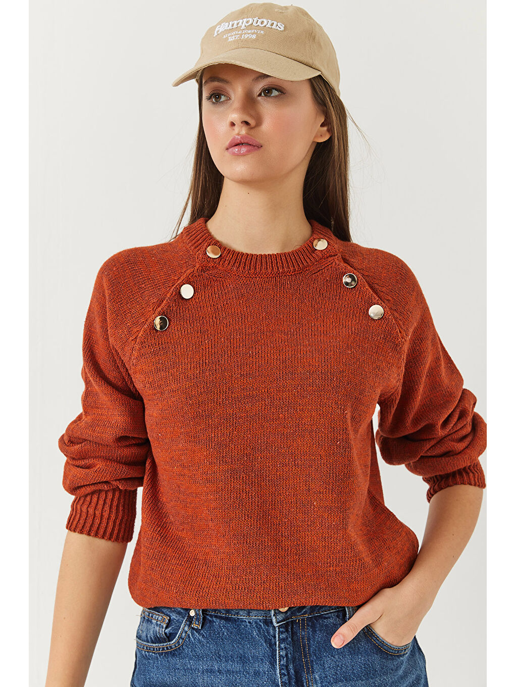 Kahverengi Kadın Patlı Reglanlı Triko Kazak-2