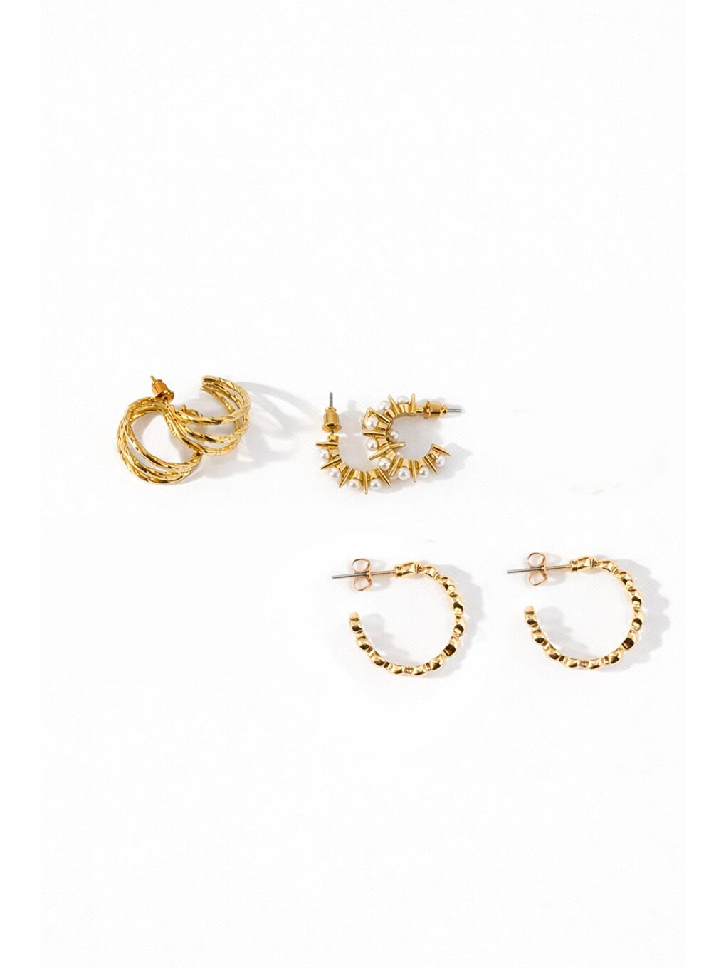 Sarı Gold 6'lı İnci ve Yıldız Detaylı Halka Küpe Seti-3