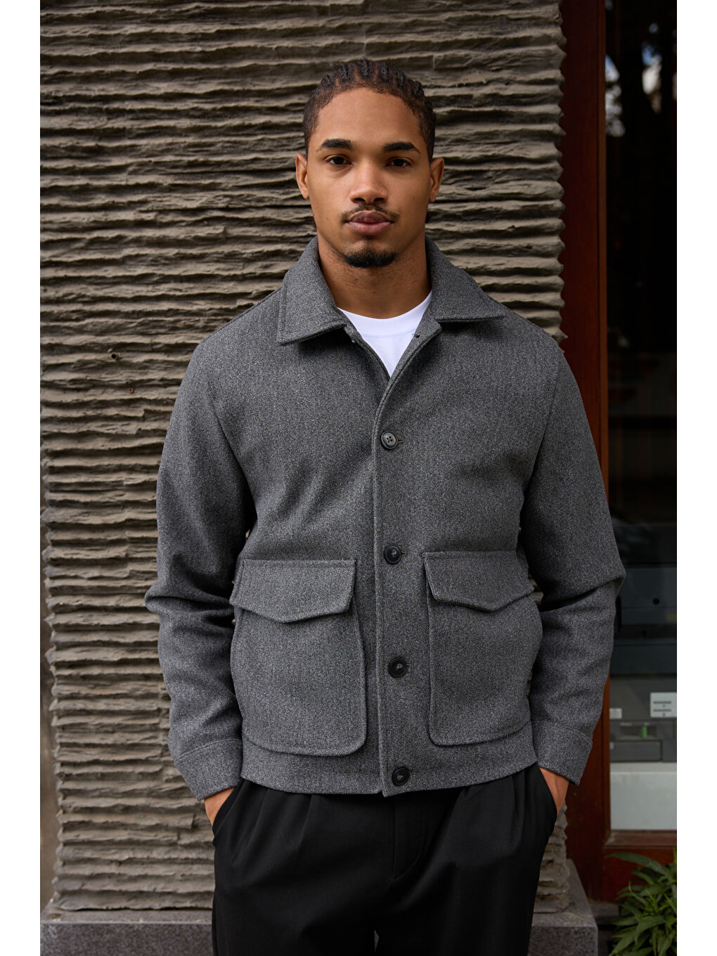 Erkek Gömlek Yaka Düğmeli Kaşe Mont Ceket Gri-3