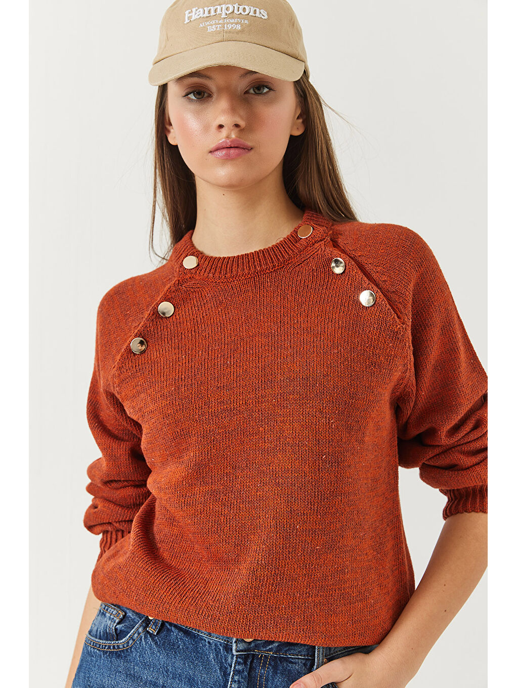 Kahverengi Kadın Patlı Reglanlı Triko Kazak-3