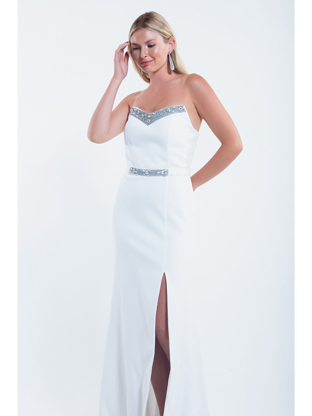 Kadın Beyaz Yakası Taşlı Uzun Abiye Elbise-1