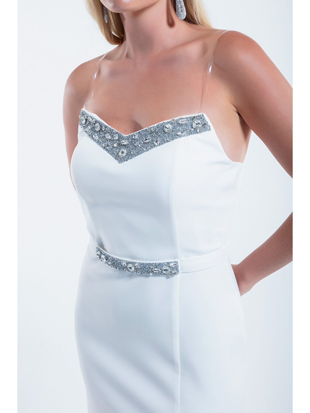 Kadın Beyaz Yakası Taşlı Uzun Abiye Elbise-2