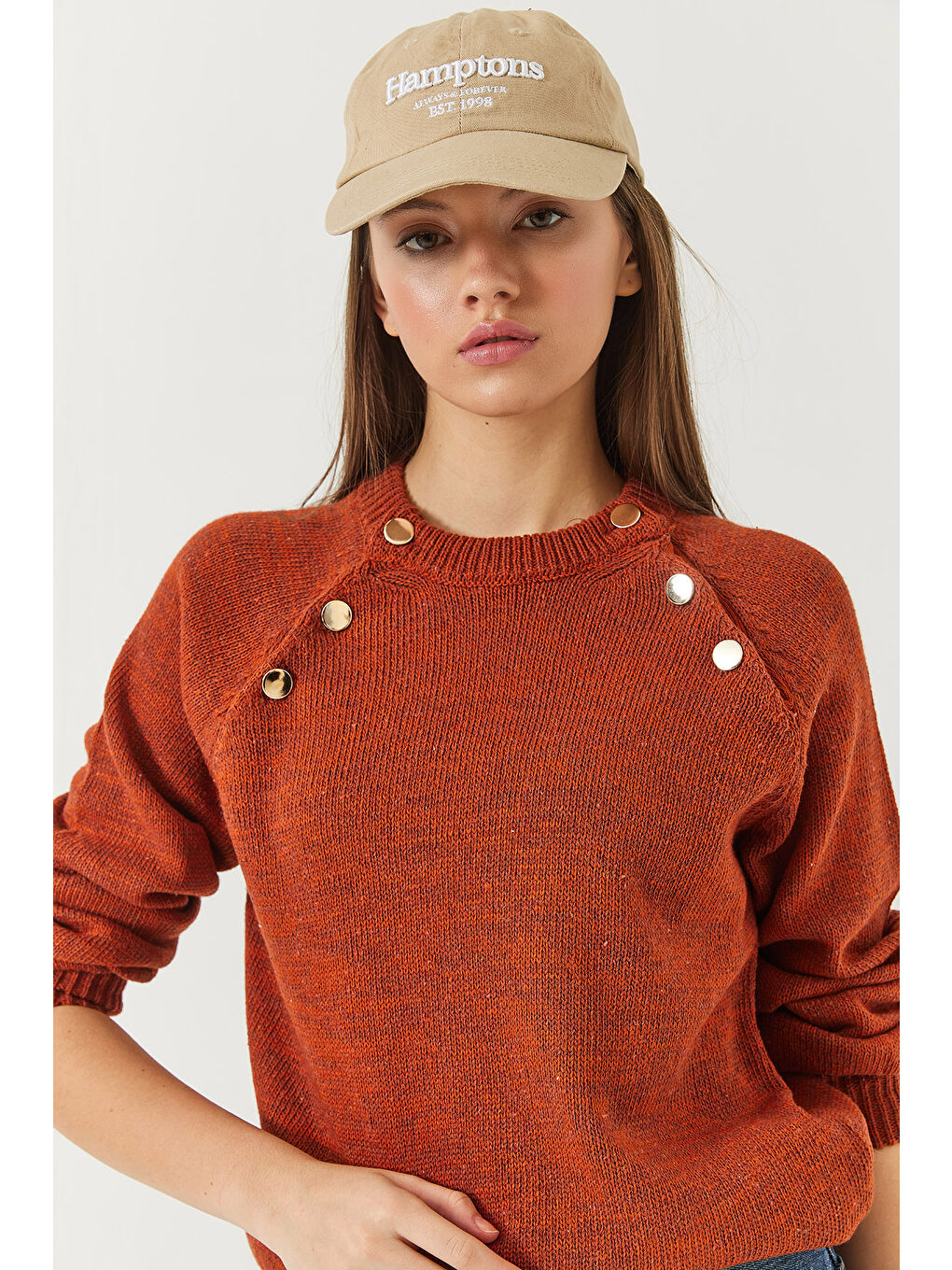 Kahverengi Kadın Patlı Reglanlı Triko Kazak-4