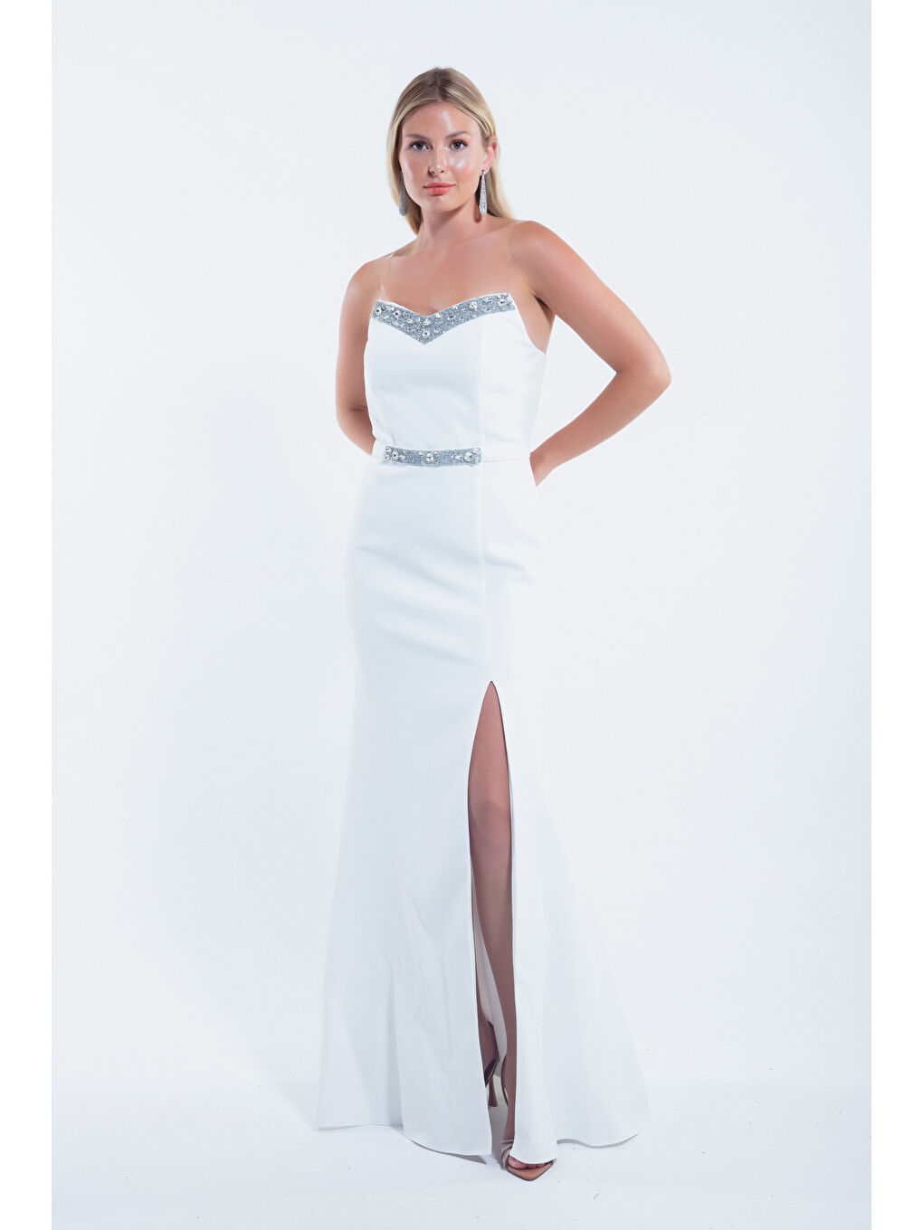 Kadın Beyaz Yakası Taşlı Uzun Abiye Elbise-3