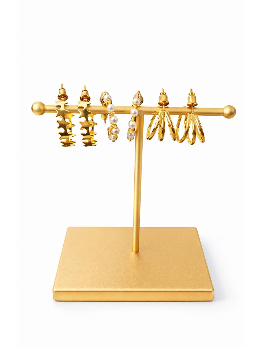 Sarı Gold 6'lı İnci ve Yıldız Detaylı Halka Küpe Seti-4