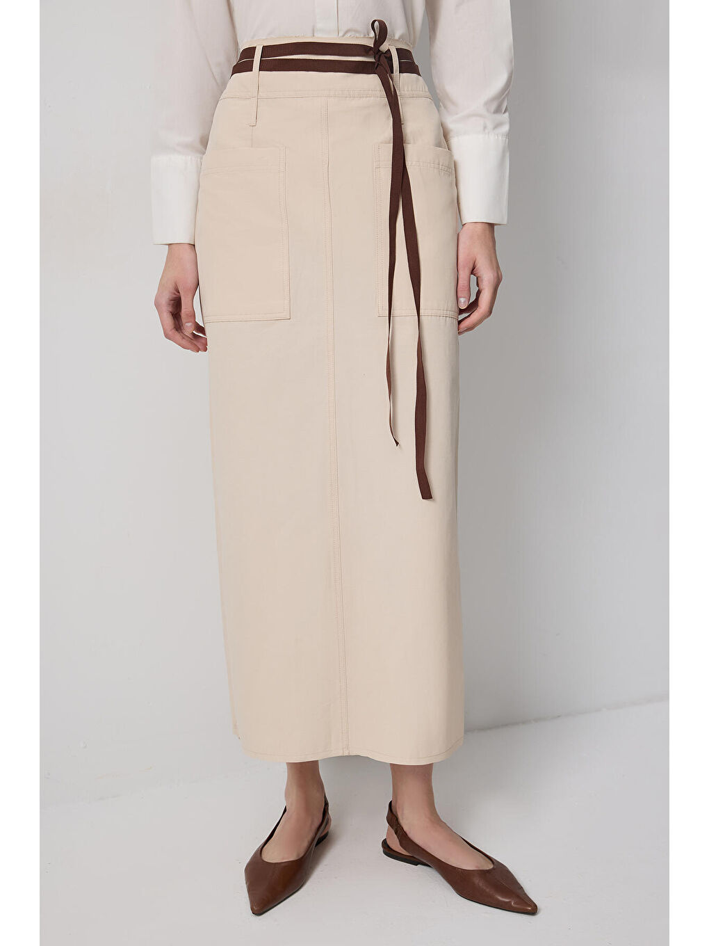 Ekru Geniş Cepli Etek-2