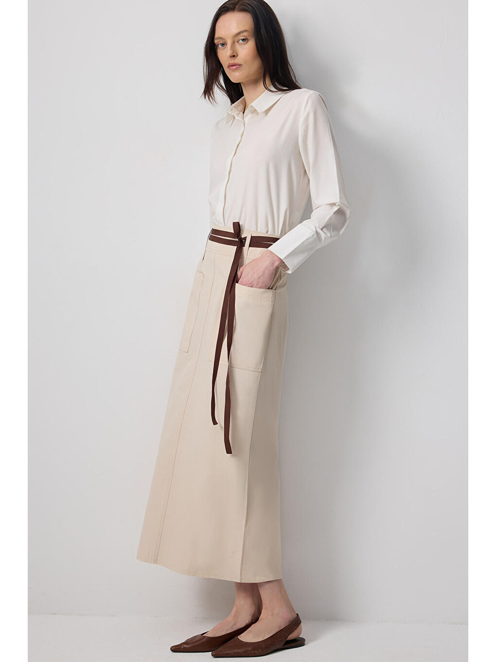 Ekru Geniş Cepli Etek-3