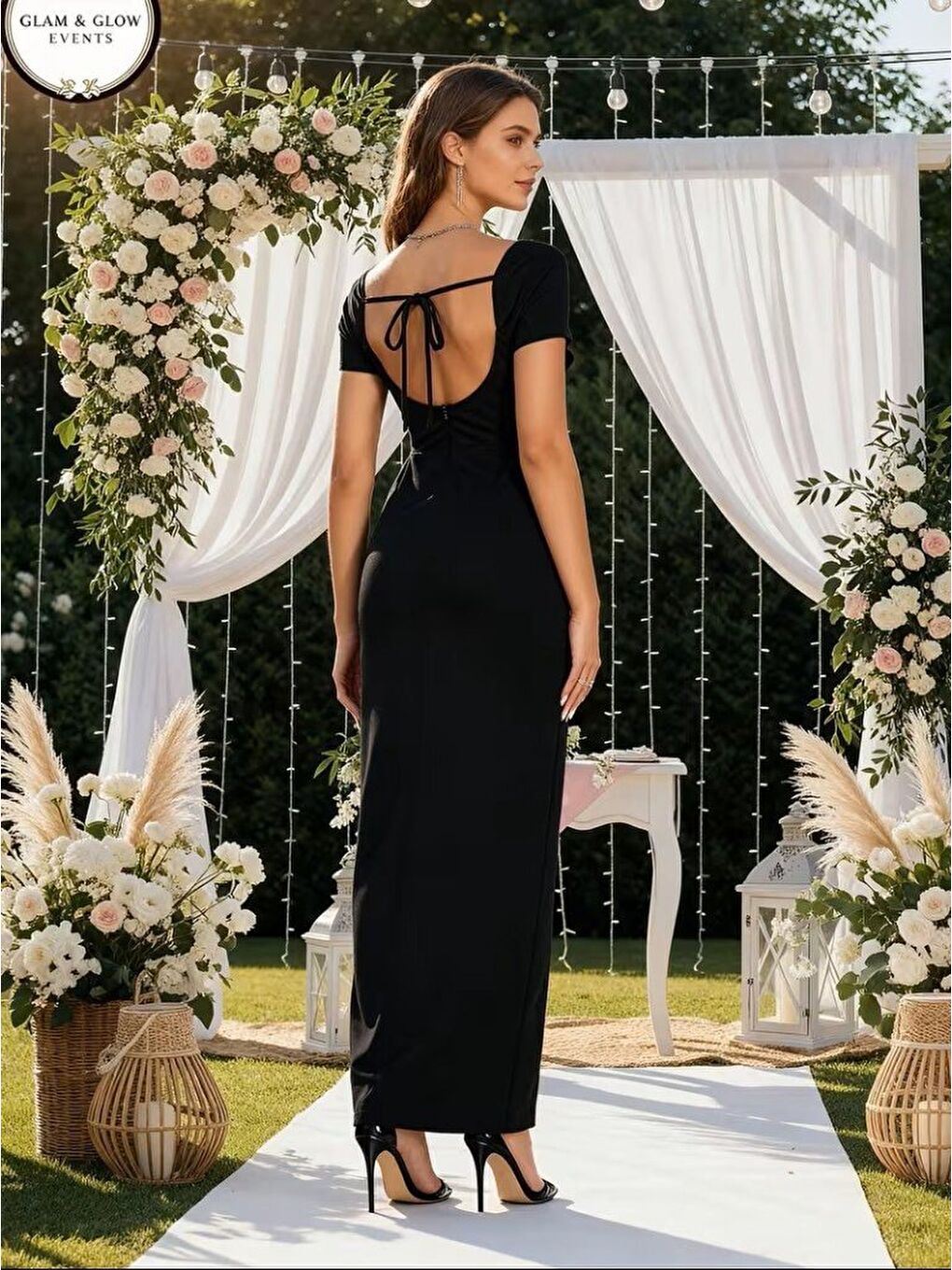 Siyah Kadın Kısa Kollu Kare Yakalı Sim Detaylı Arkadan Bağcıklı Yırtmaçlı Uzun Ithal Krep Elbise-2