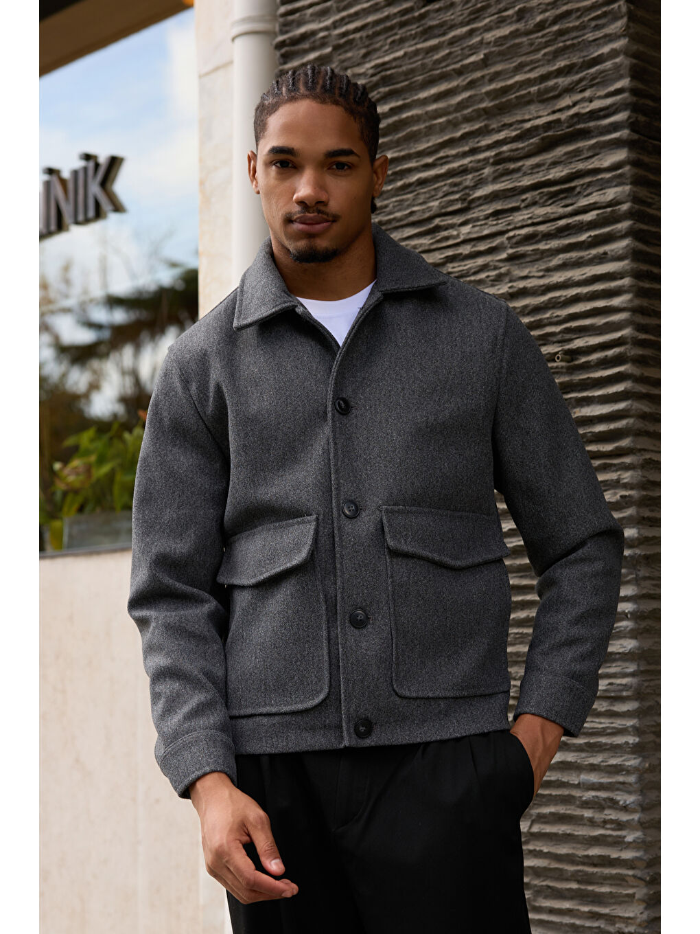 Erkek Gömlek Yaka Düğmeli Kaşe Mont Ceket Gri-4