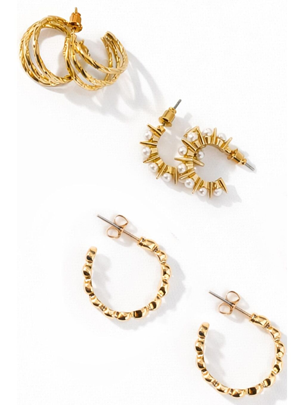 Sarı Gold 6'lı İnci ve Yıldız Detaylı Halka Küpe Seti-5