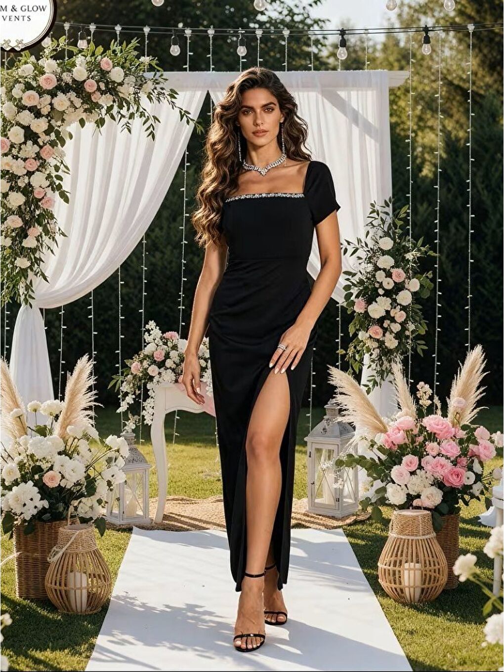 Siyah Kadın Kısa Kollu Kare Yakalı Sim Detaylı Arkadan Bağcıklı Yırtmaçlı Uzun Ithal Krep Elbise-4