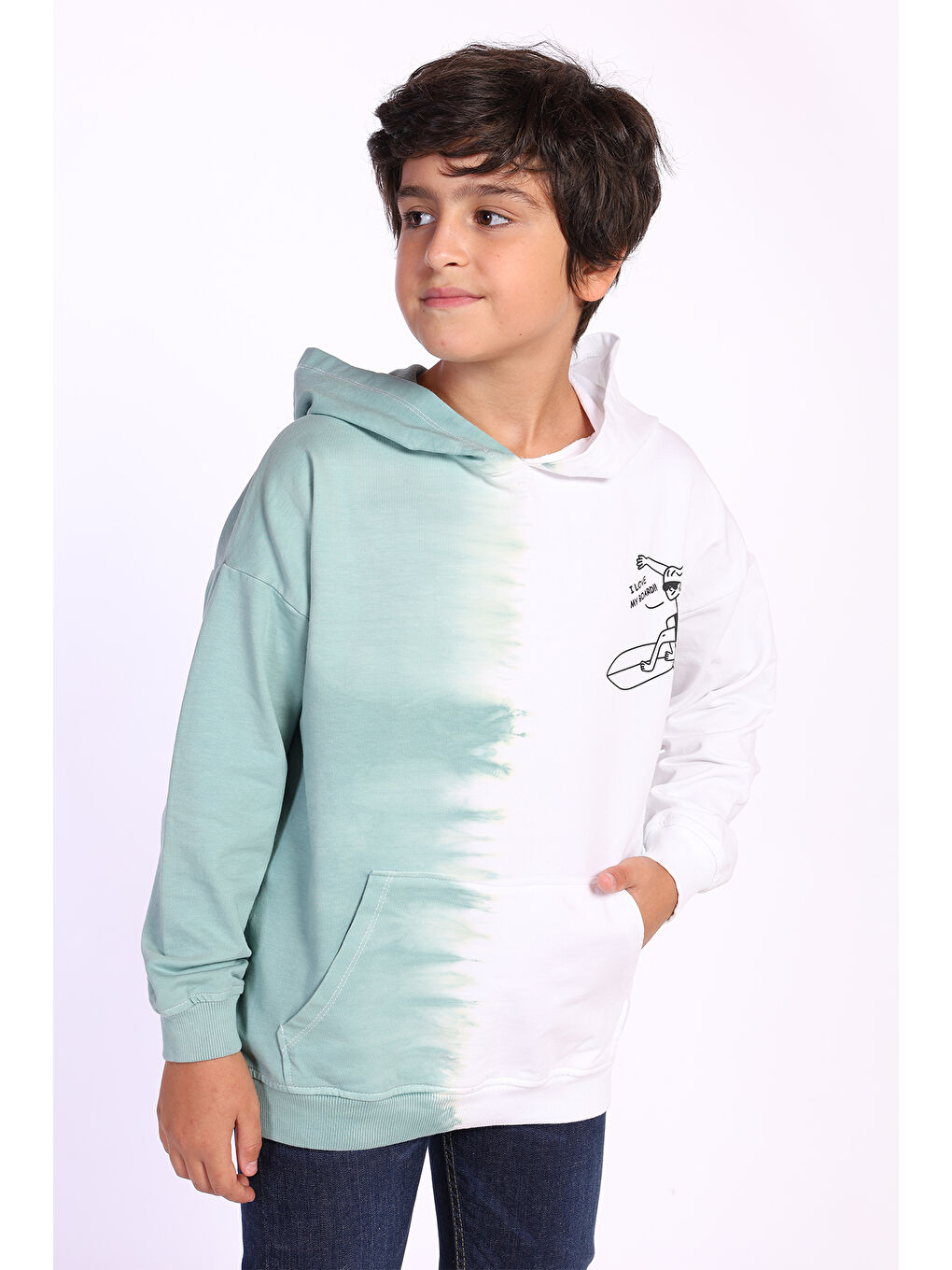 Gri Erkek Çocuk Kapüşonlu Baskılı İki Renkli Sweatshirt