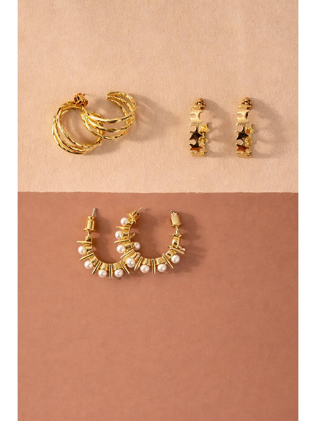 Sarı Gold 6'lı İnci ve Yıldız Detaylı Halka Küpe Seti-6