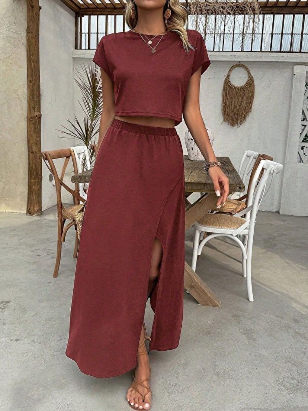 Turuncu Kadın Kısa Kollu Bisiklet Yaka Viskon Krop Bluz Ve Uzun Etek Ikili Takım-2