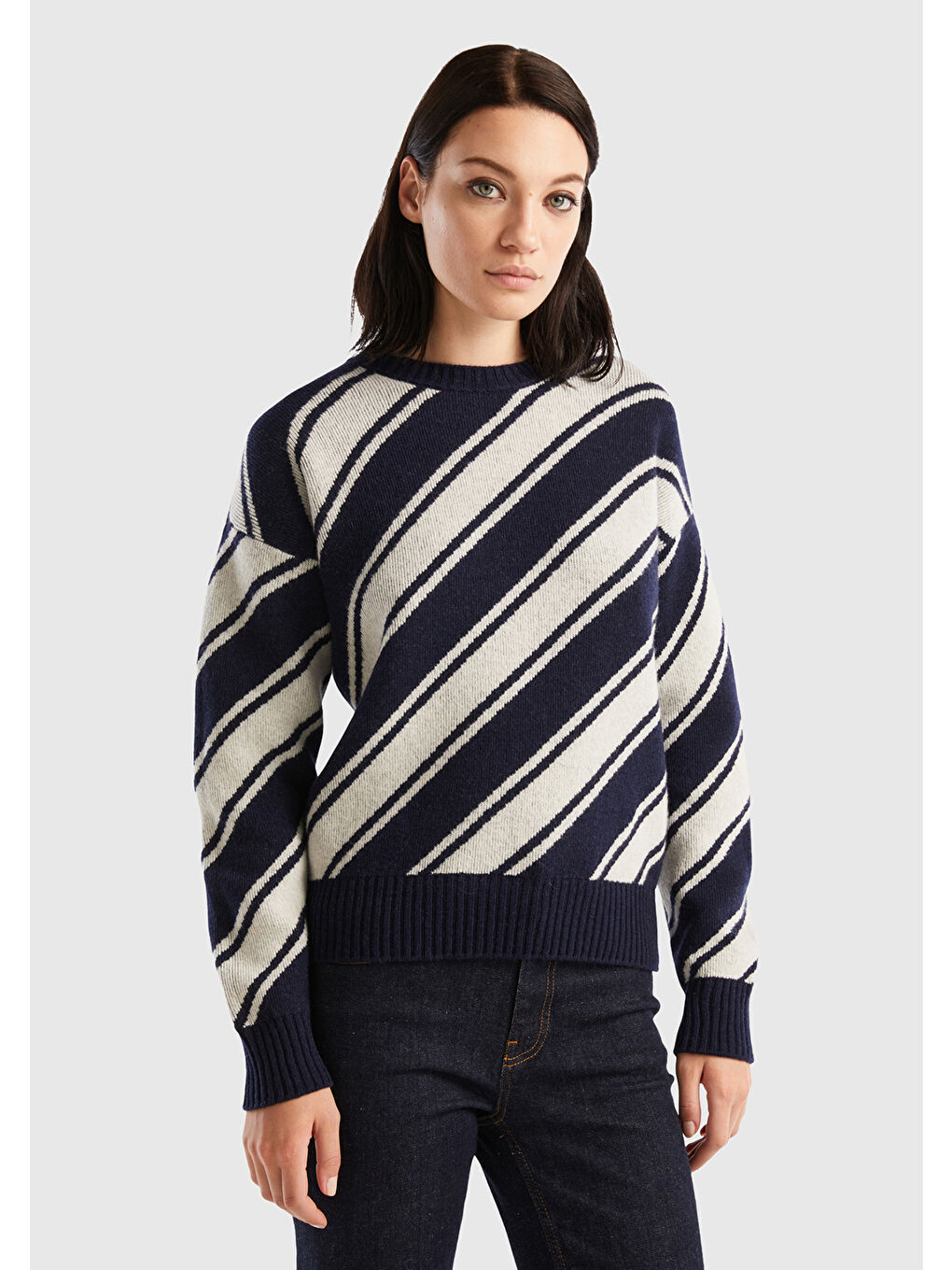 Kadın Lacivert Yün Karışımlı Çapraz Çizgili Kazak