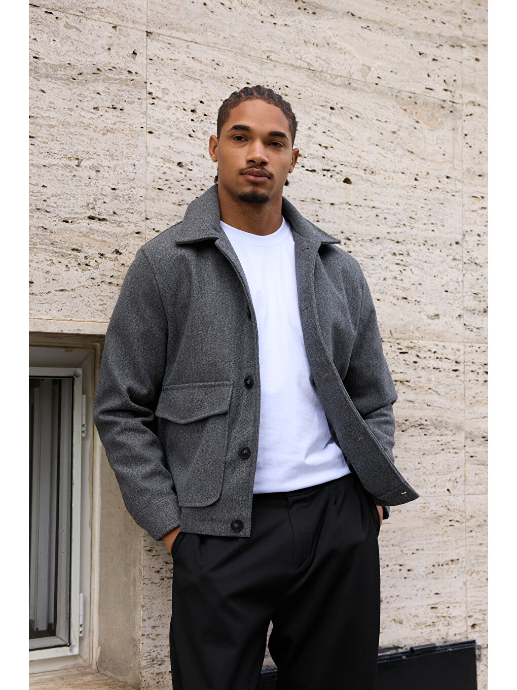 Erkek Gömlek Yaka Düğmeli Kaşe Mont Ceket Gri-6