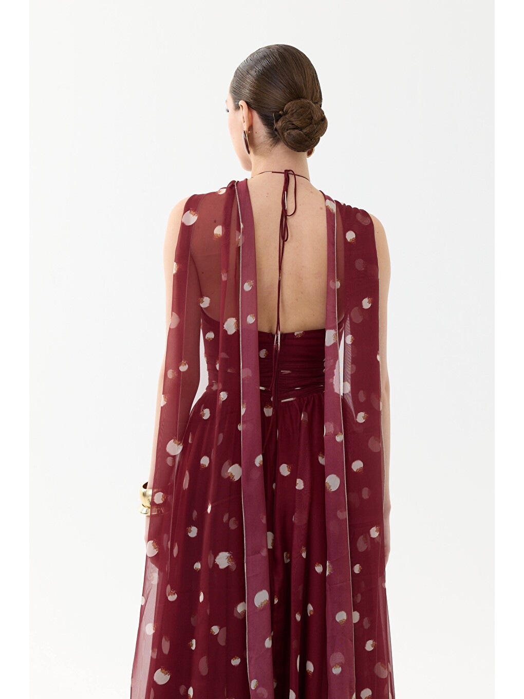Bordo Güllü Yırtmaçlı Desenli Abiye Elbise-5