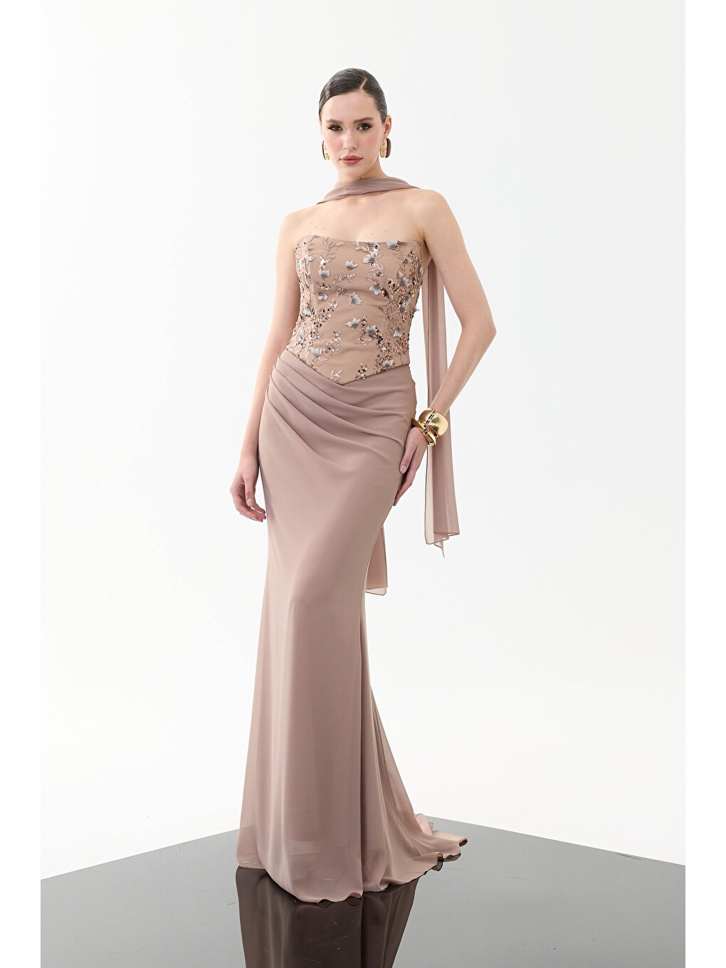 Bej Vizon Üstü Payet Şallı Şifon Abiye Elbise-2