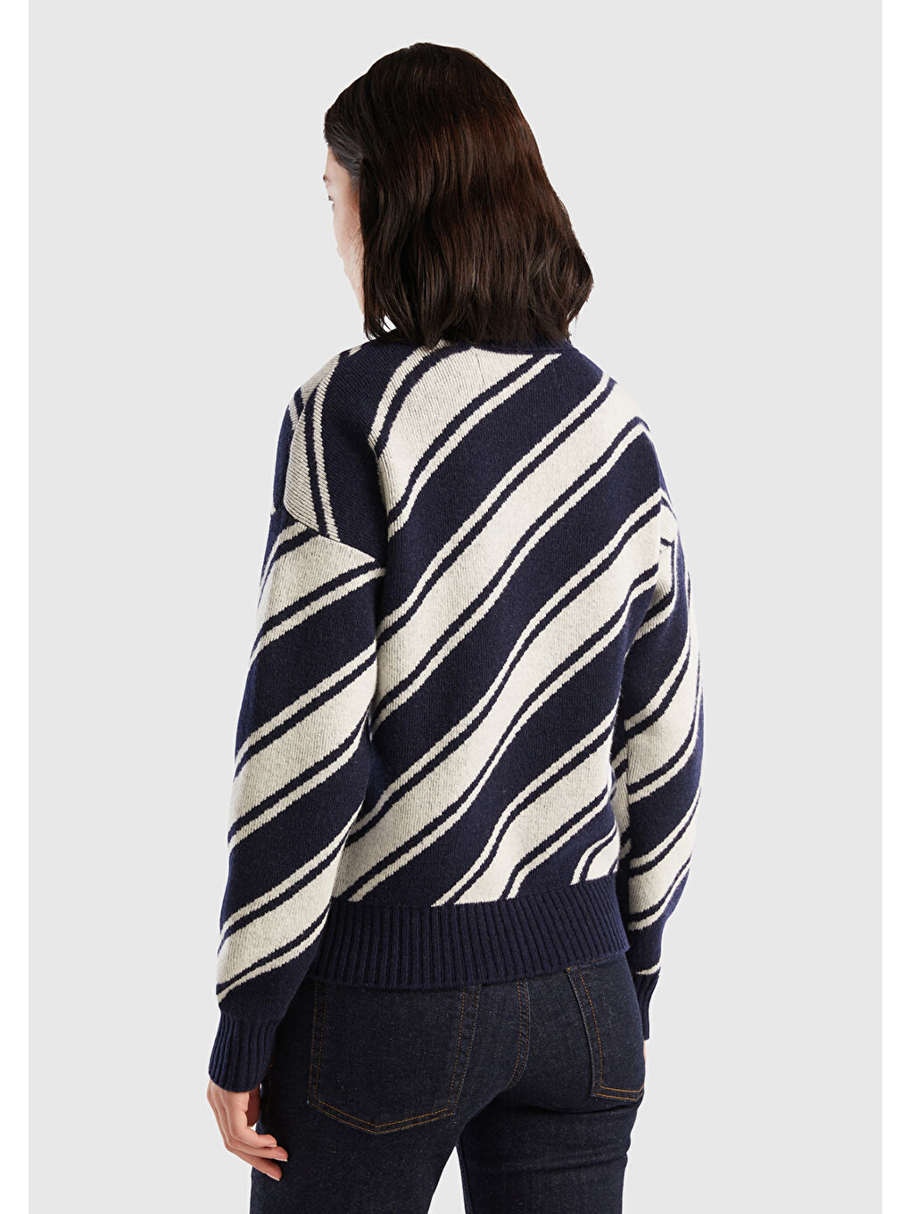 Kadın Lacivert Yün Karışımlı Çapraz Çizgili Kazak-2