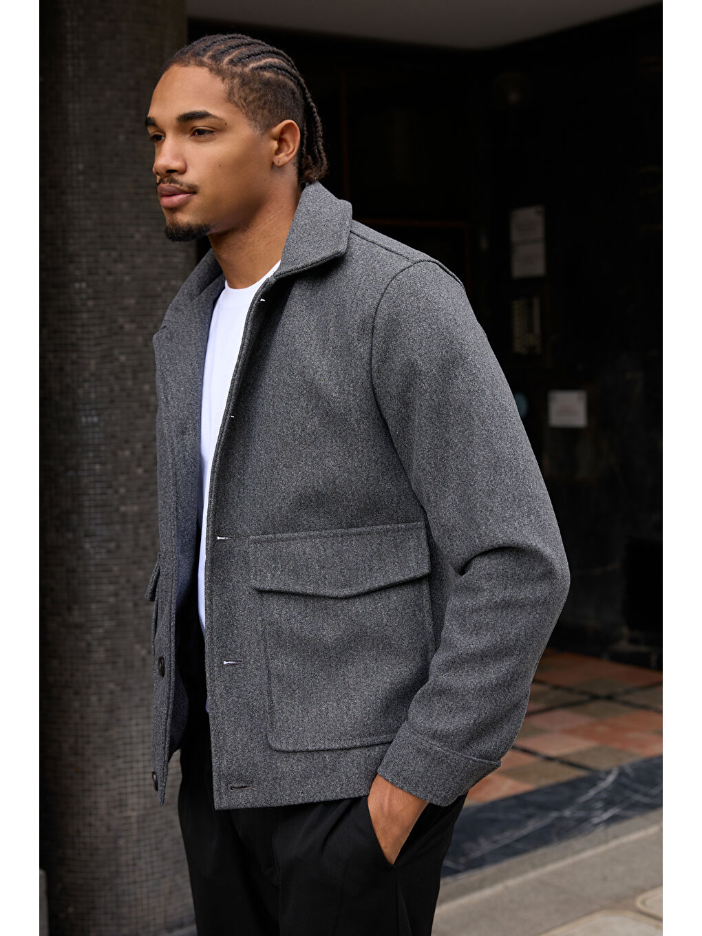 Erkek Gömlek Yaka Düğmeli Kaşe Mont Ceket Gri-7