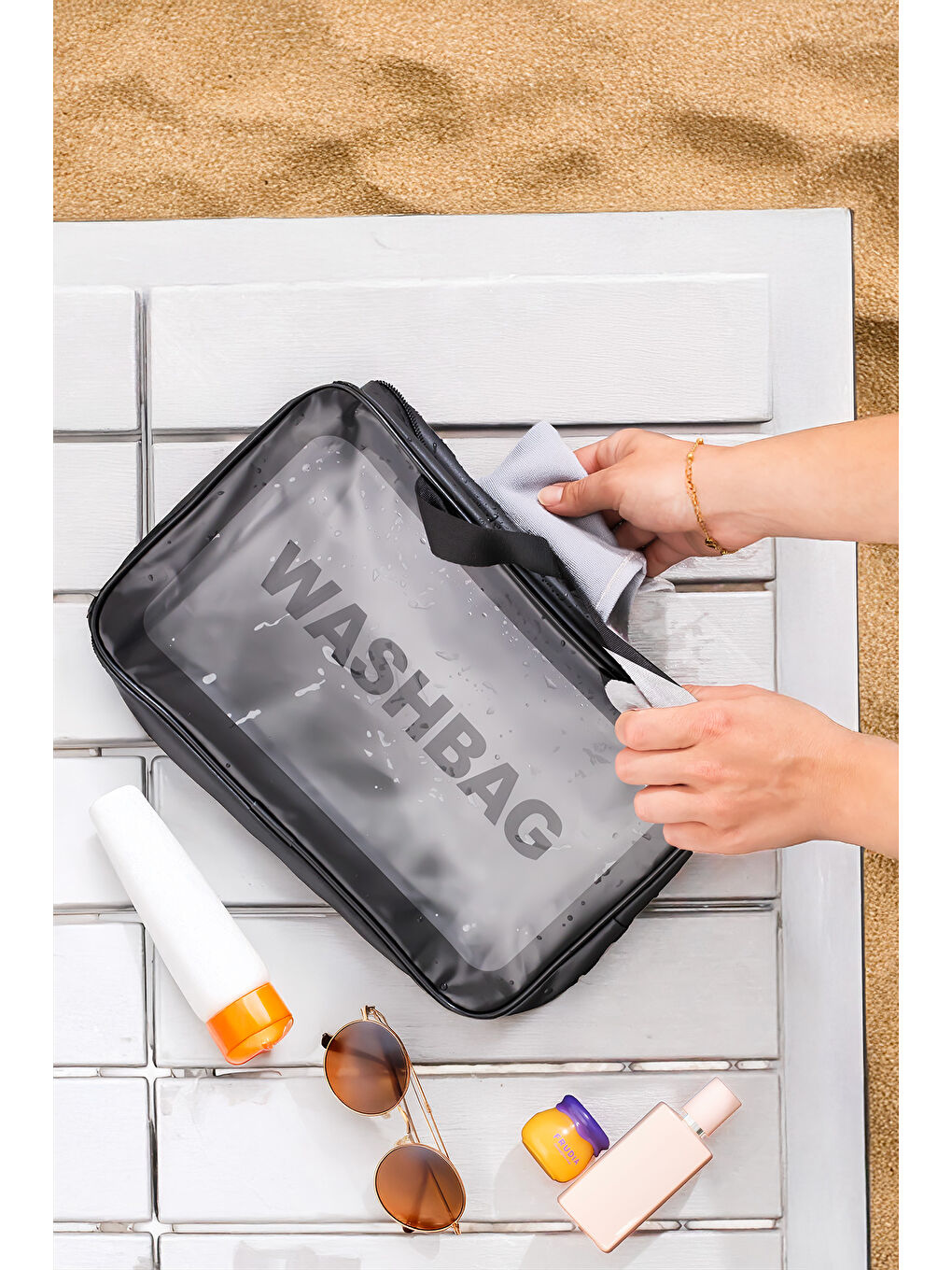 3142 Şeffaf Seyahat ve Makyaj Çantası Su Geçirmez Organizer Washbag 20x30cm-1