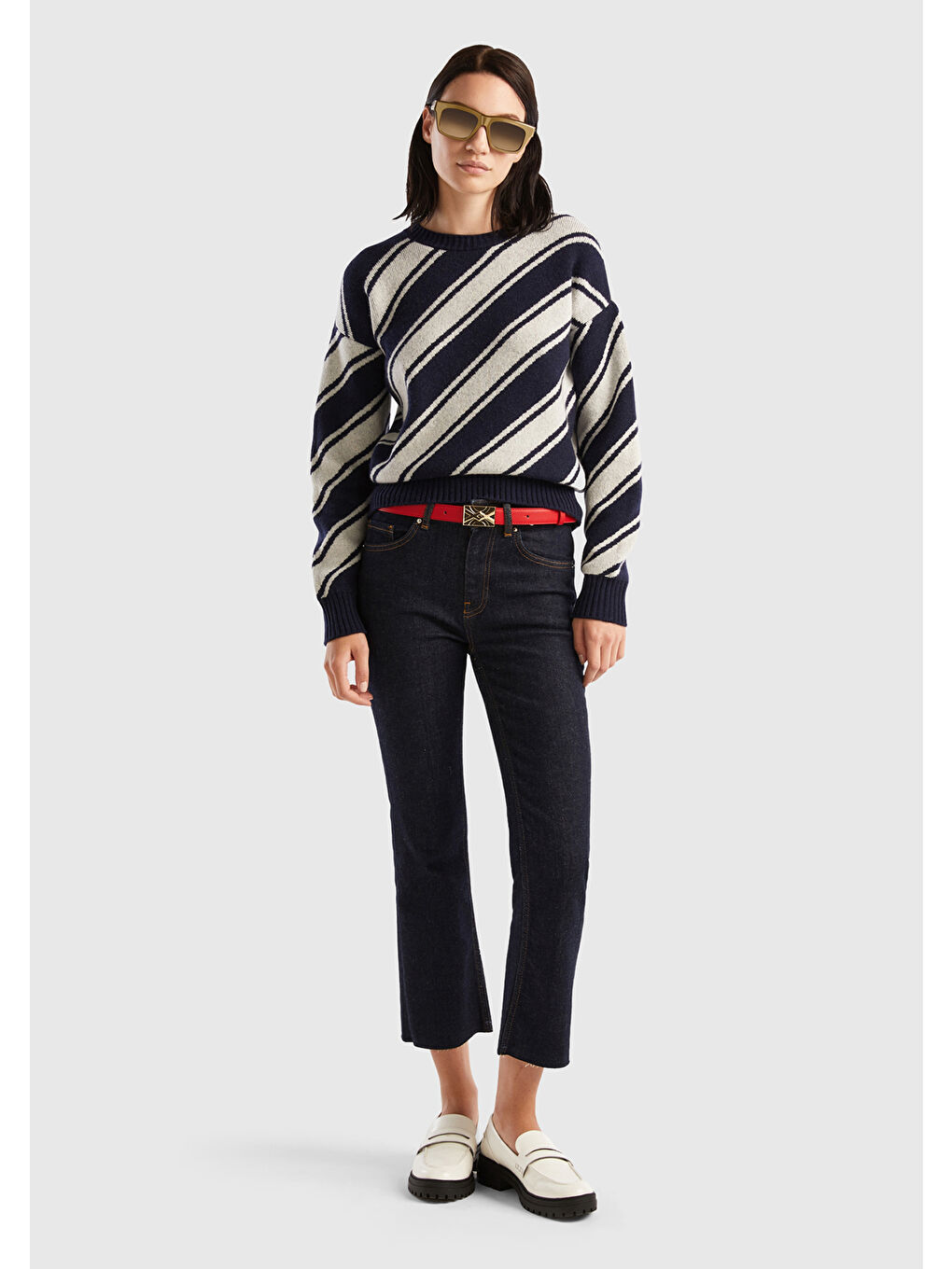 Kadın Lacivert Yün Karışımlı Çapraz Çizgili Kazak-4