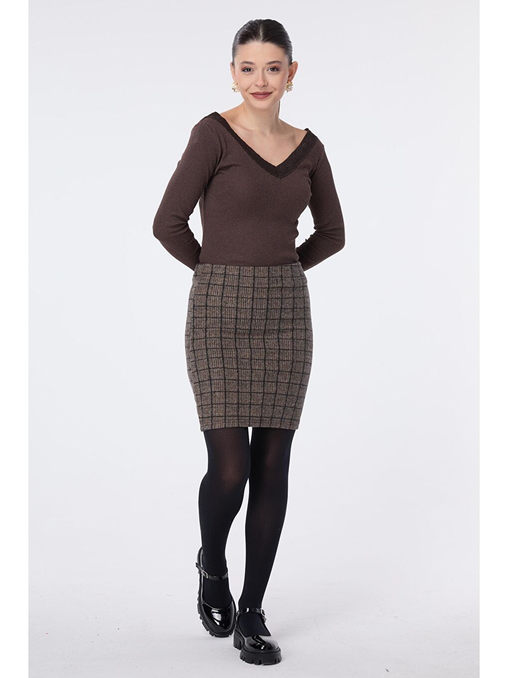 Bej Orta Kadın Vizon Mini Etek - 23759