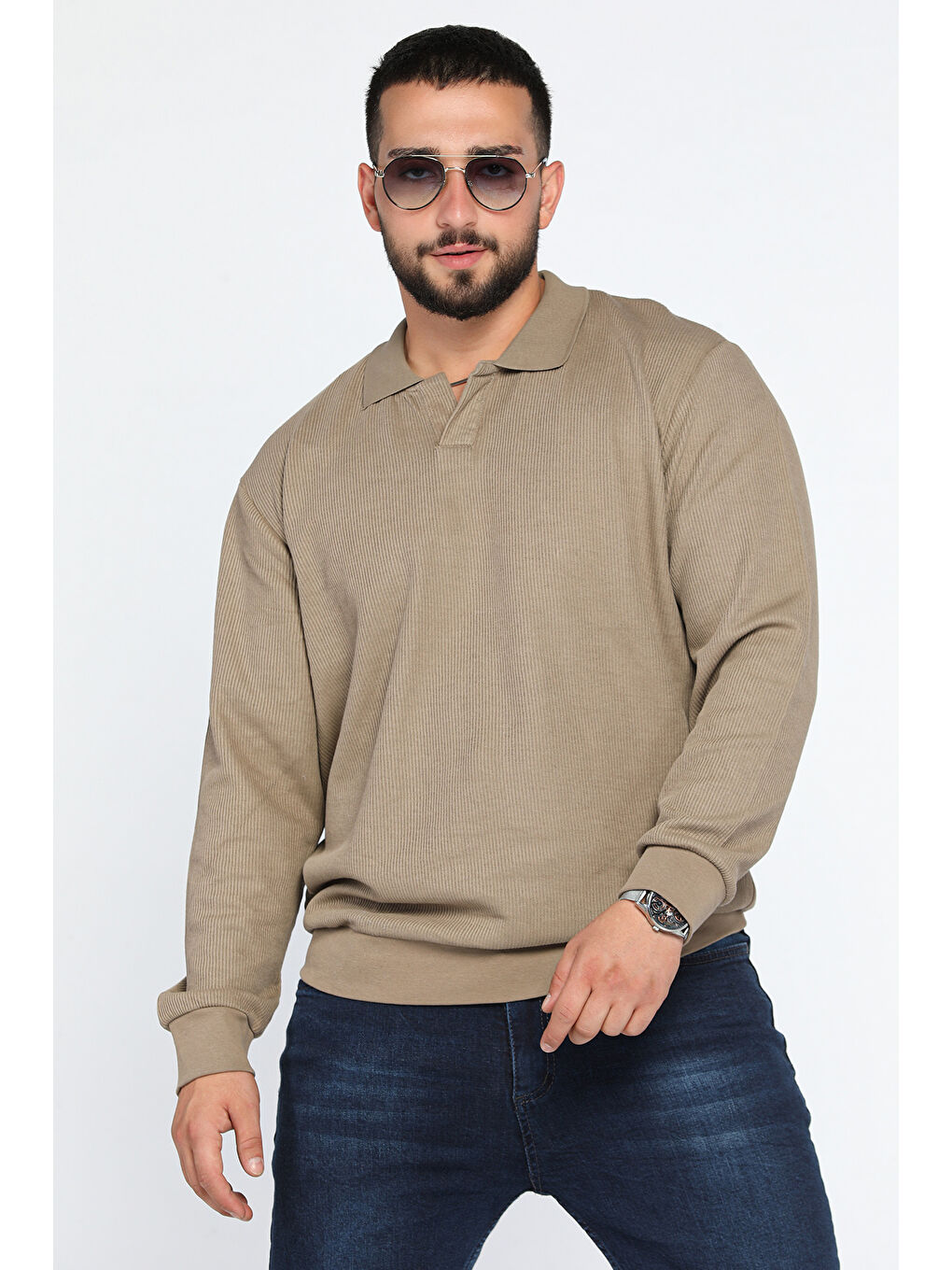 Mishar İtalia Haki Erkek Polo Yaka Kendinden Desenli Sweatshirt