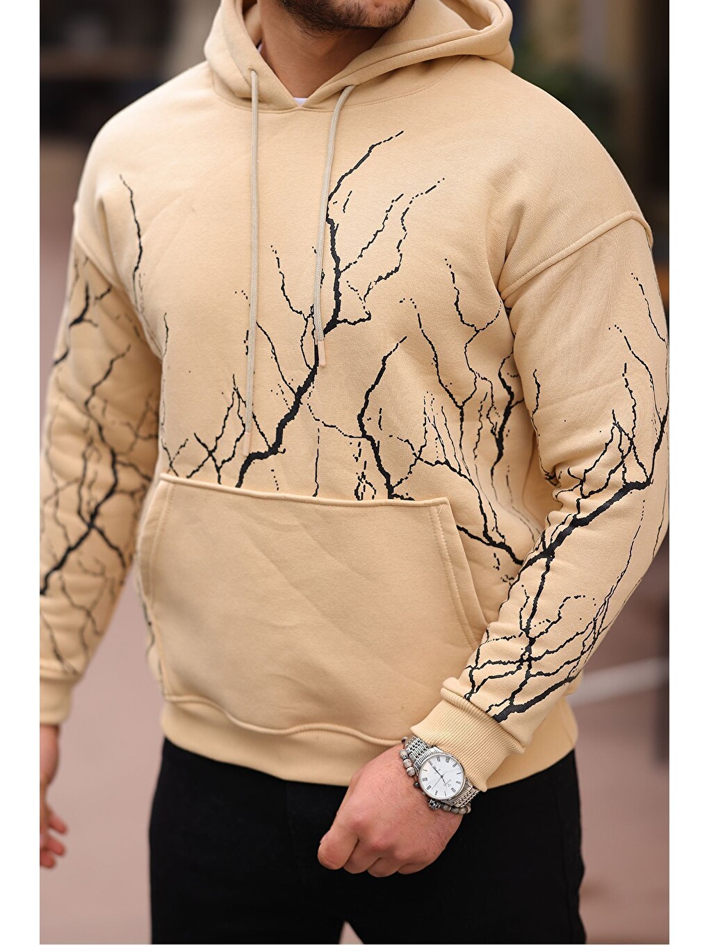 Bej Şimşek Desenli Kapüşonlu Sweatshirt-1