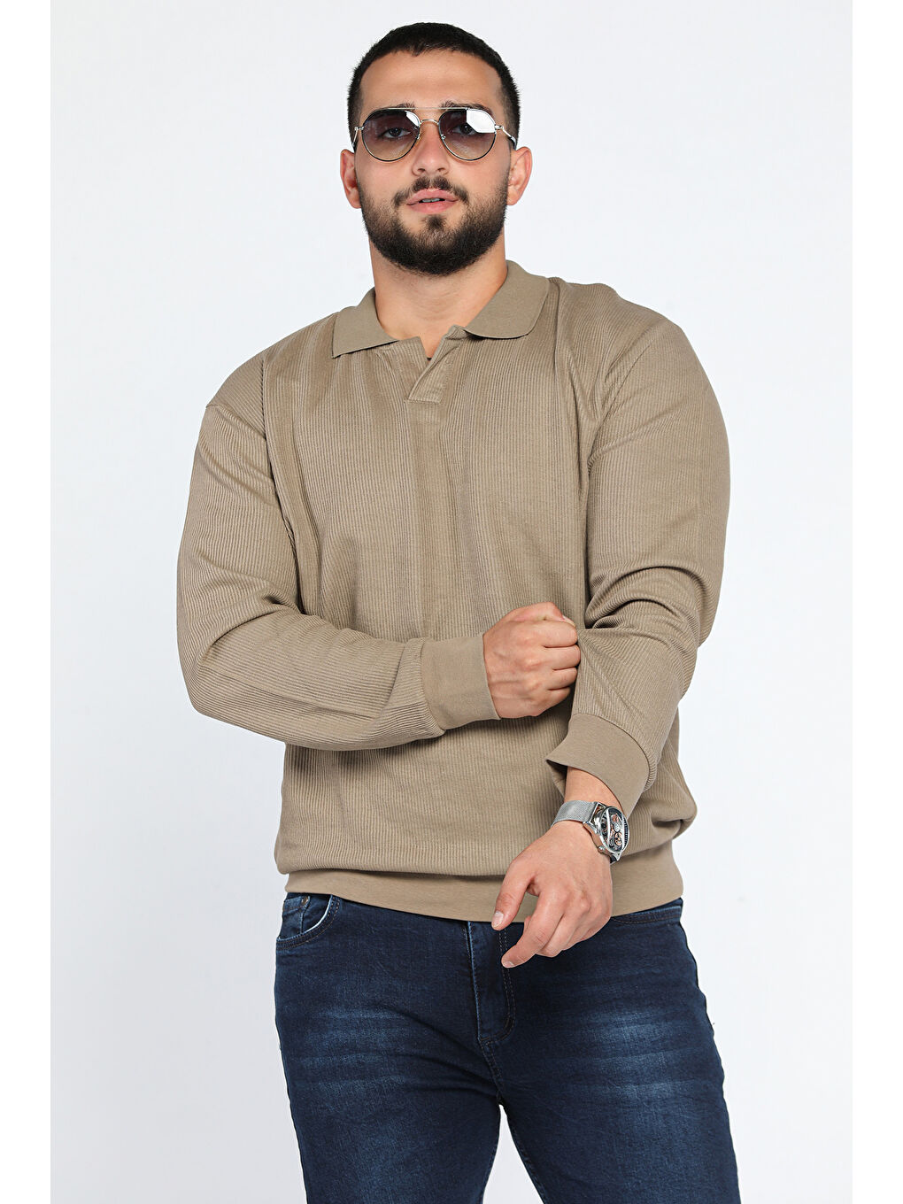 Mishar İtalia Haki Erkek Polo Yaka Kendinden Desenli Sweatshirt - 1