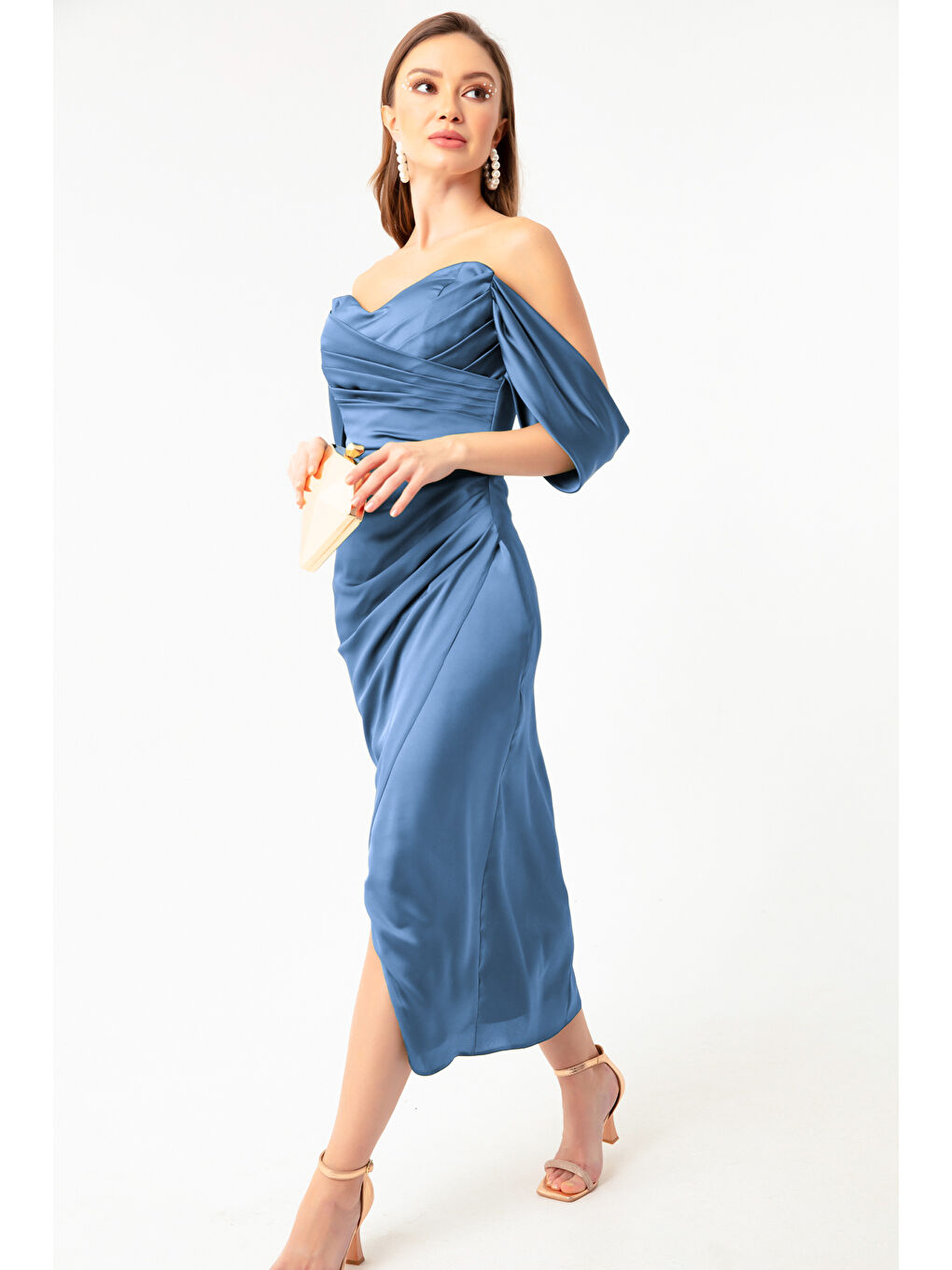 İndigo Kadın indigo Kayık Yaka Drapeli Midi Abiye Elbise-1