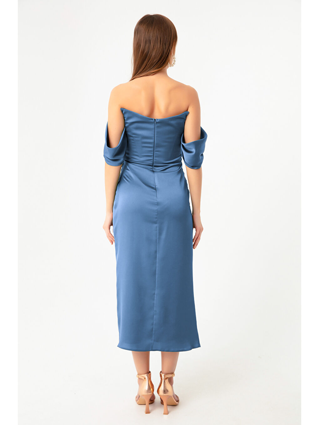 İndigo Kadın indigo Kayık Yaka Drapeli Midi Abiye Elbise-4