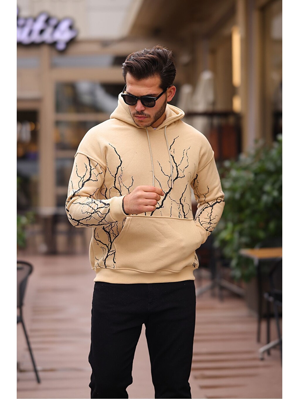 Bej Şimşek Desenli Kapüşonlu Sweatshirt-2