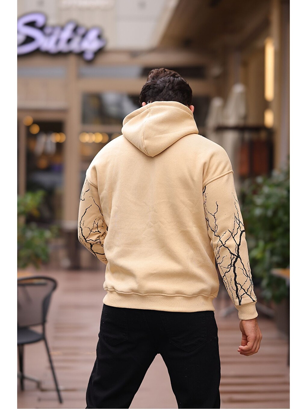 Bej Şimşek Desenli Kapüşonlu Sweatshirt-3