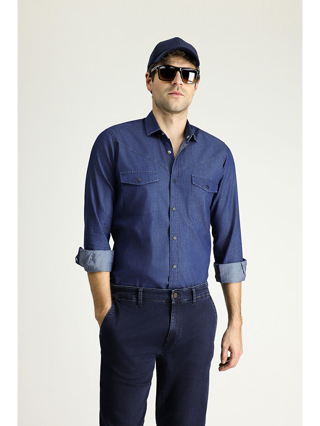 İndigo Uzun Kol Slim Fit Dar Kesim Denim Pamuk Gömlek