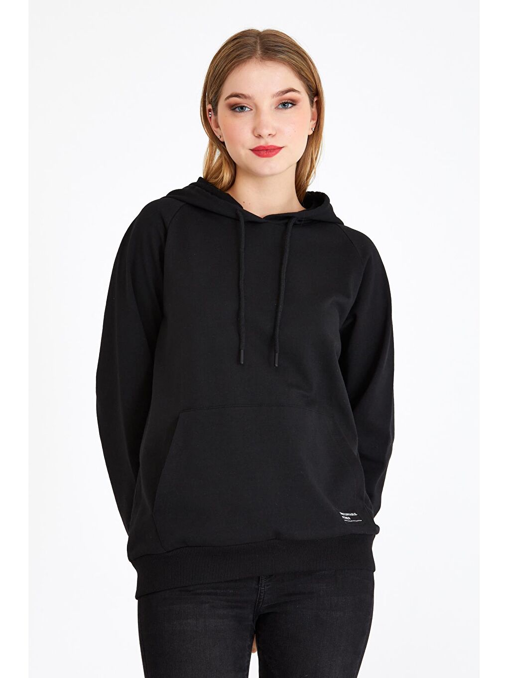 MMETALIC Siyah Kadın Siyah Kapüşonlu Basic Örme Hoodie