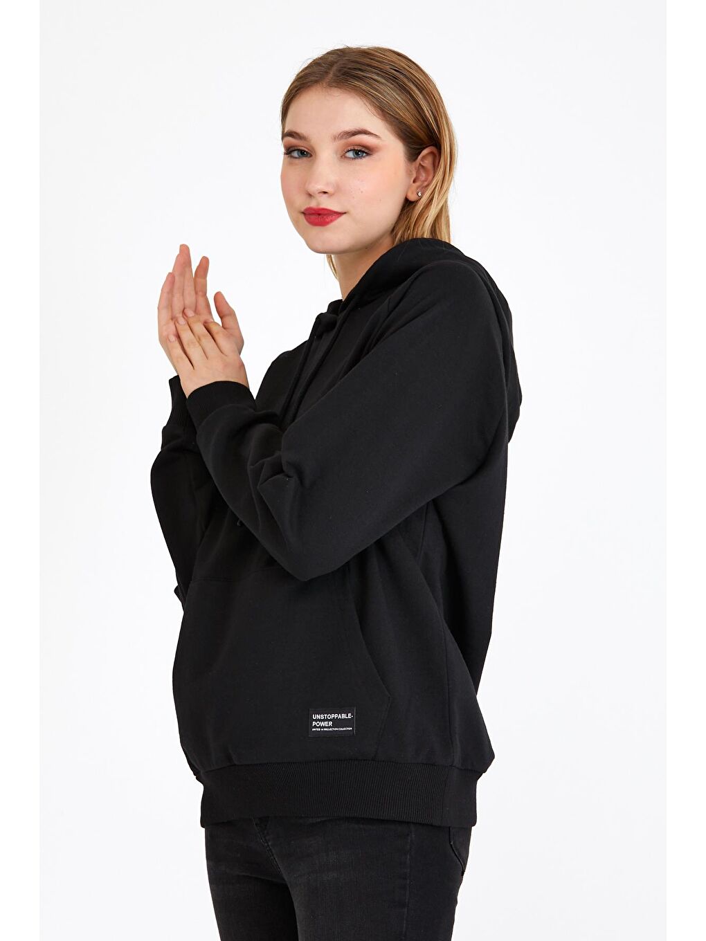 MMETALIC Siyah Kadın Siyah Kapüşonlu Basic Örme Hoodie - 1