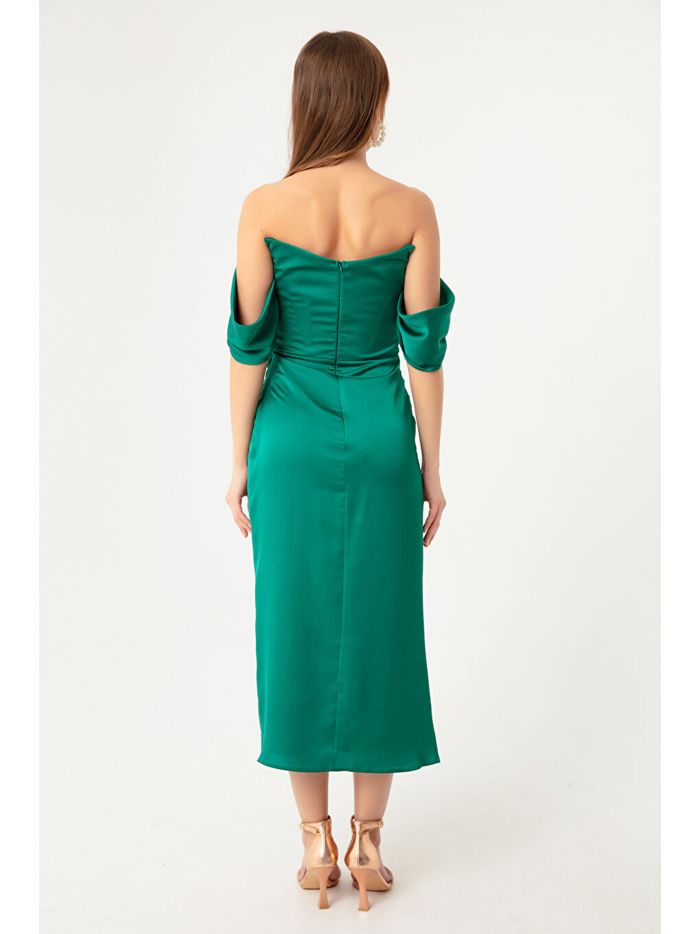 Kadın Zümrüt Yeşili Kayık Yaka Drapeli Midi Abiye Elbise-4