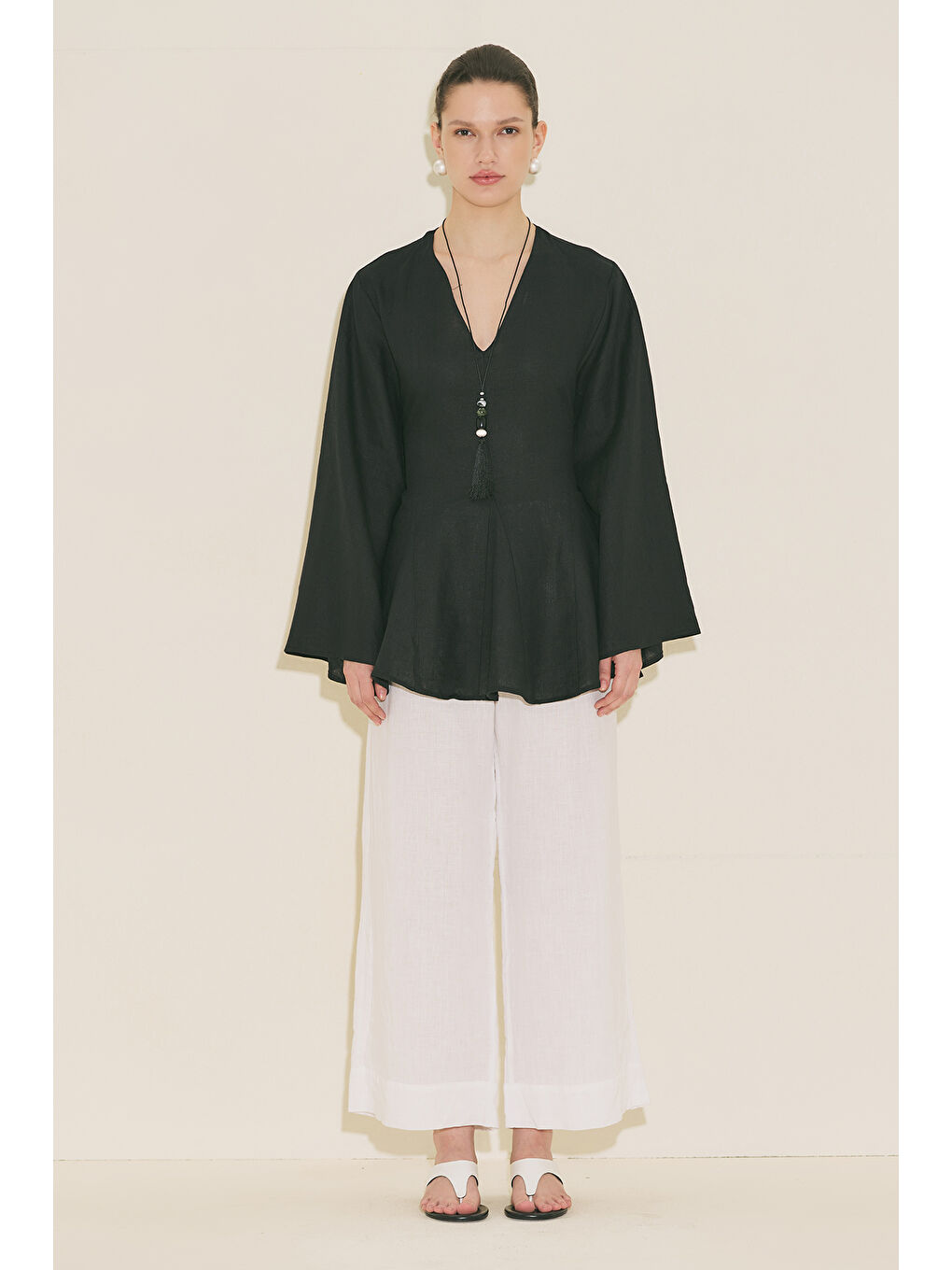 %100 Keten Volümlü Tunik Siyah